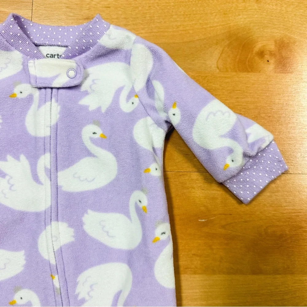 Carters Light Purple Swan Graphic Fleece Two-Way Zip Footie Pajamas 3M